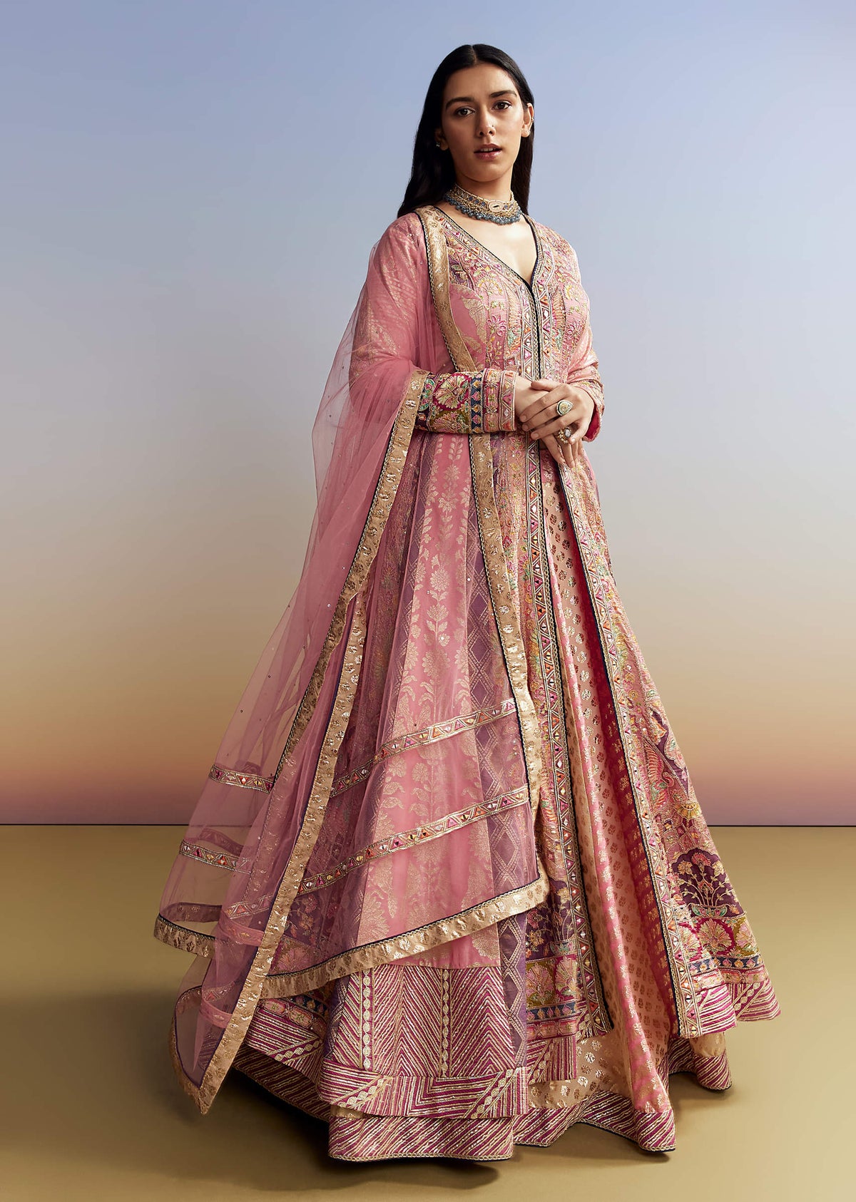 Indo Western Pink Silk Kurta Lehenga Set