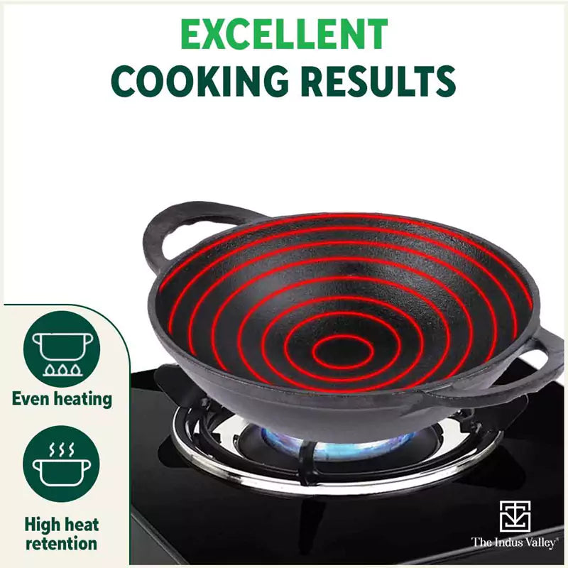 The Indus Valley CASTrong Cast Iron Kadai, Pre-seasoned, Nonstick, 100% Pure, Toxin-free, 20.3cm, 1.4L, 1.5kg