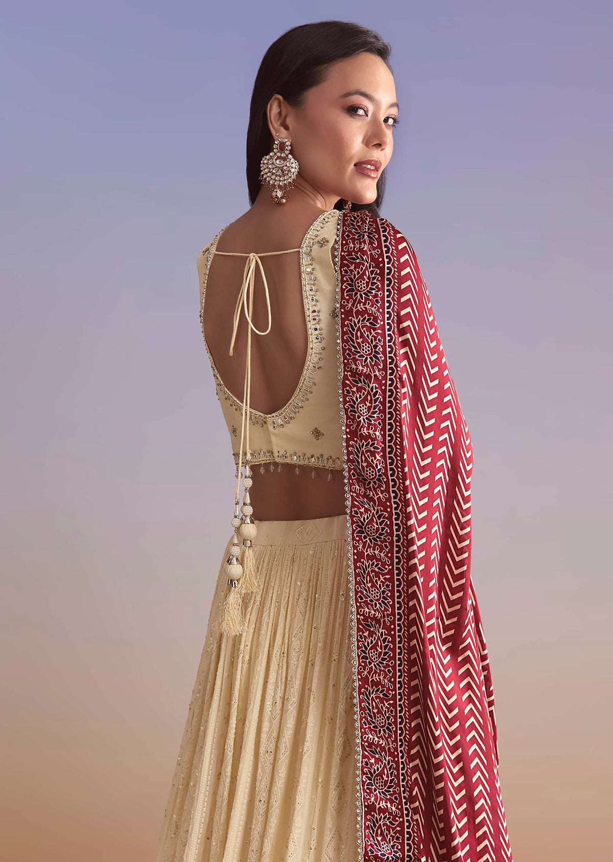 Ivory Georgette Bridesmaid Lehenga With Lucknowi Chikankari And Mirror Work