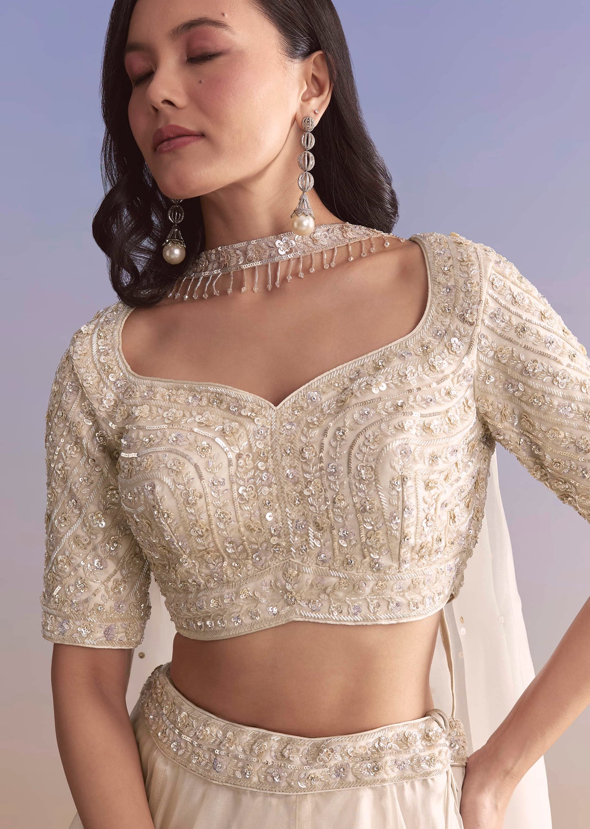 Ivory Organza Bridesmaid Lehenga With Sequins And Cutdana Embroidery