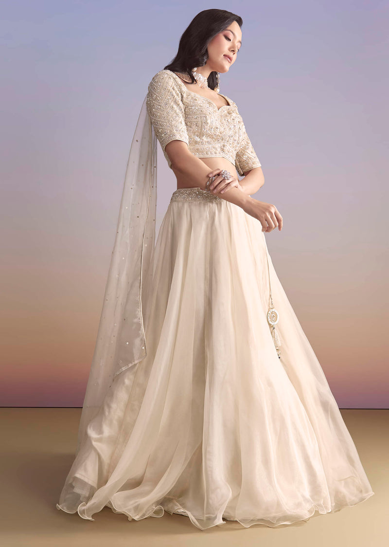 Ivory Organza Bridesmaid Lehenga With Sequins And Cutdana Embroidery