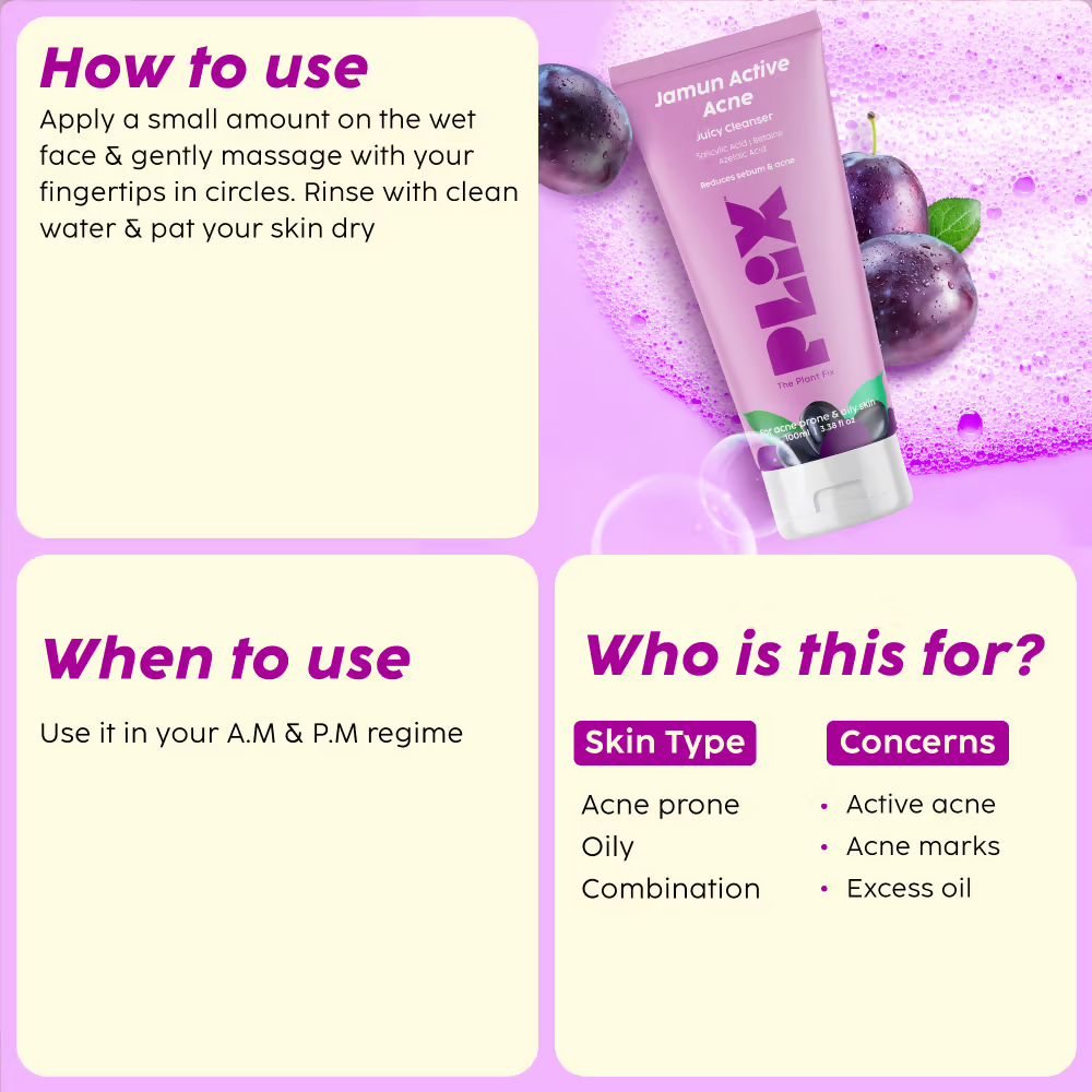PLIX The Plant Fix - Jamun Active Acne Regime With Cleanser & Toner To Unclog Pores & Reduce Acne