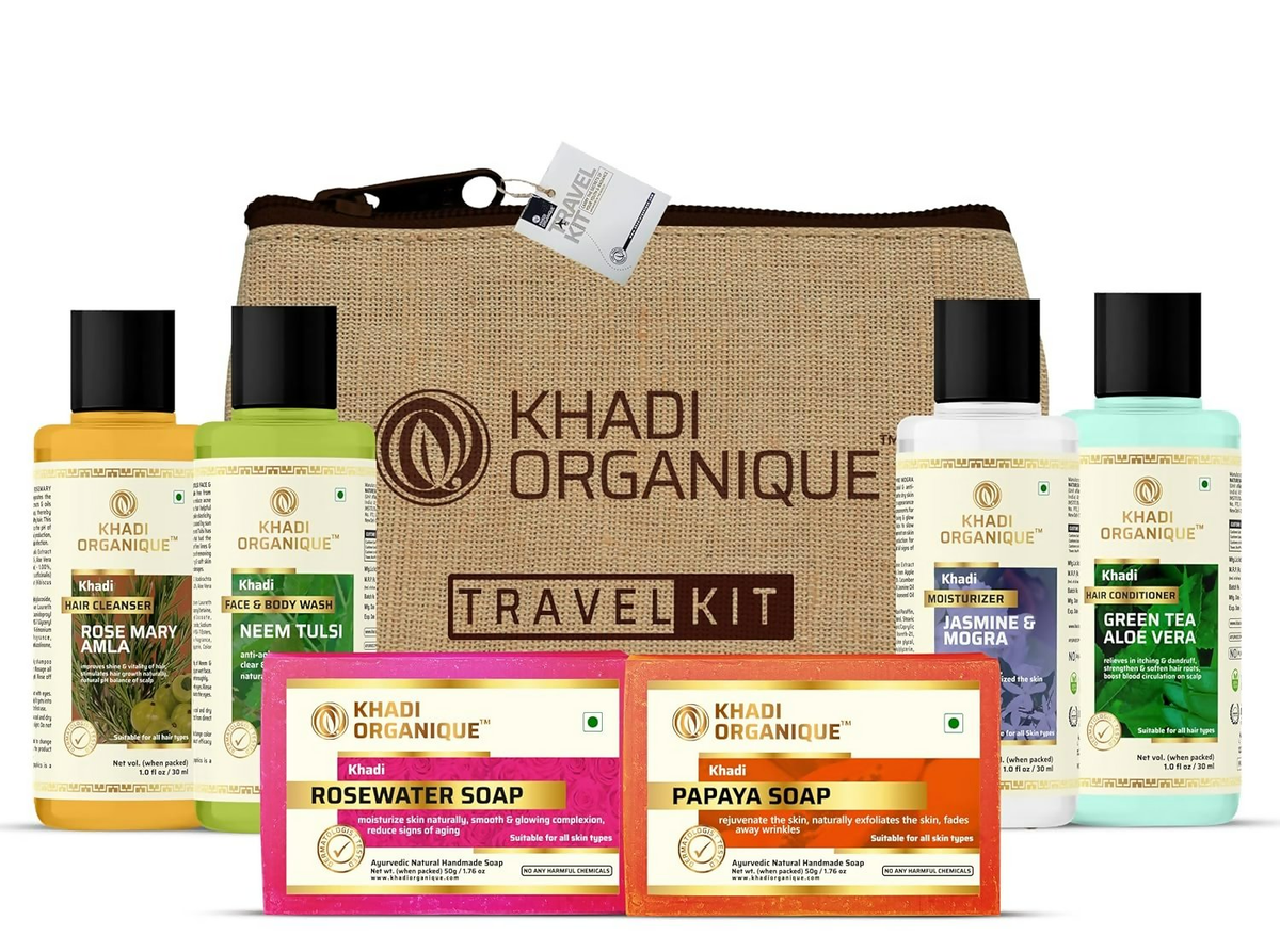 Khadi Organique travel kit with various products on a white background