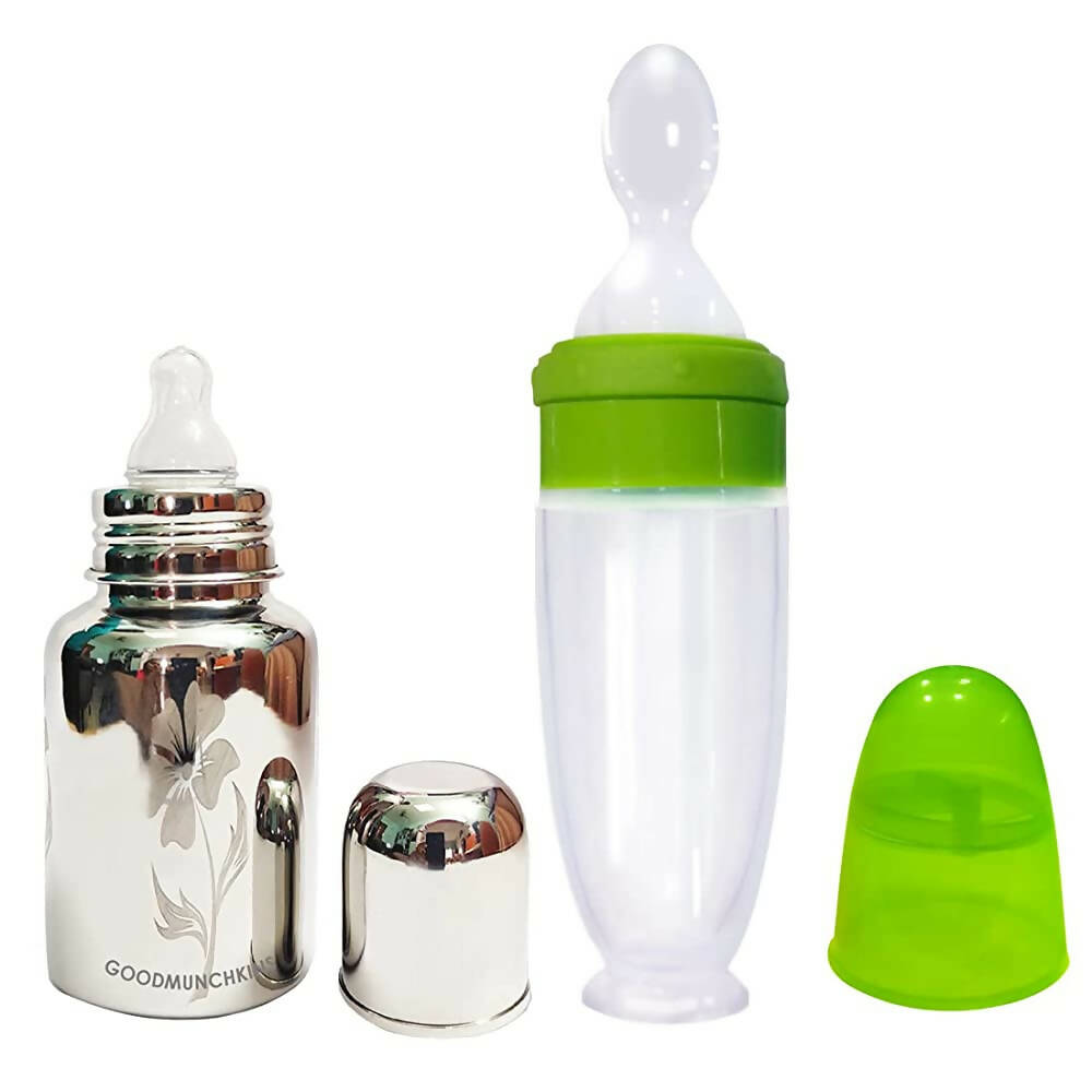 Goodmunchkins Stainless Steel Feeding Bottle With Spoon Food Feeder for Baby Anti Colic Silicon Nipple Feeder 150 ml Combo Pack-Green