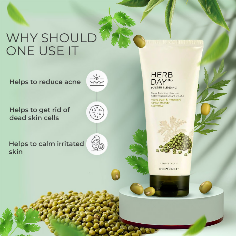 The Face Shop Herb Day 365 Master Blending Foaming Cleanser- Mungbean & Mugwort - Korean Skincare