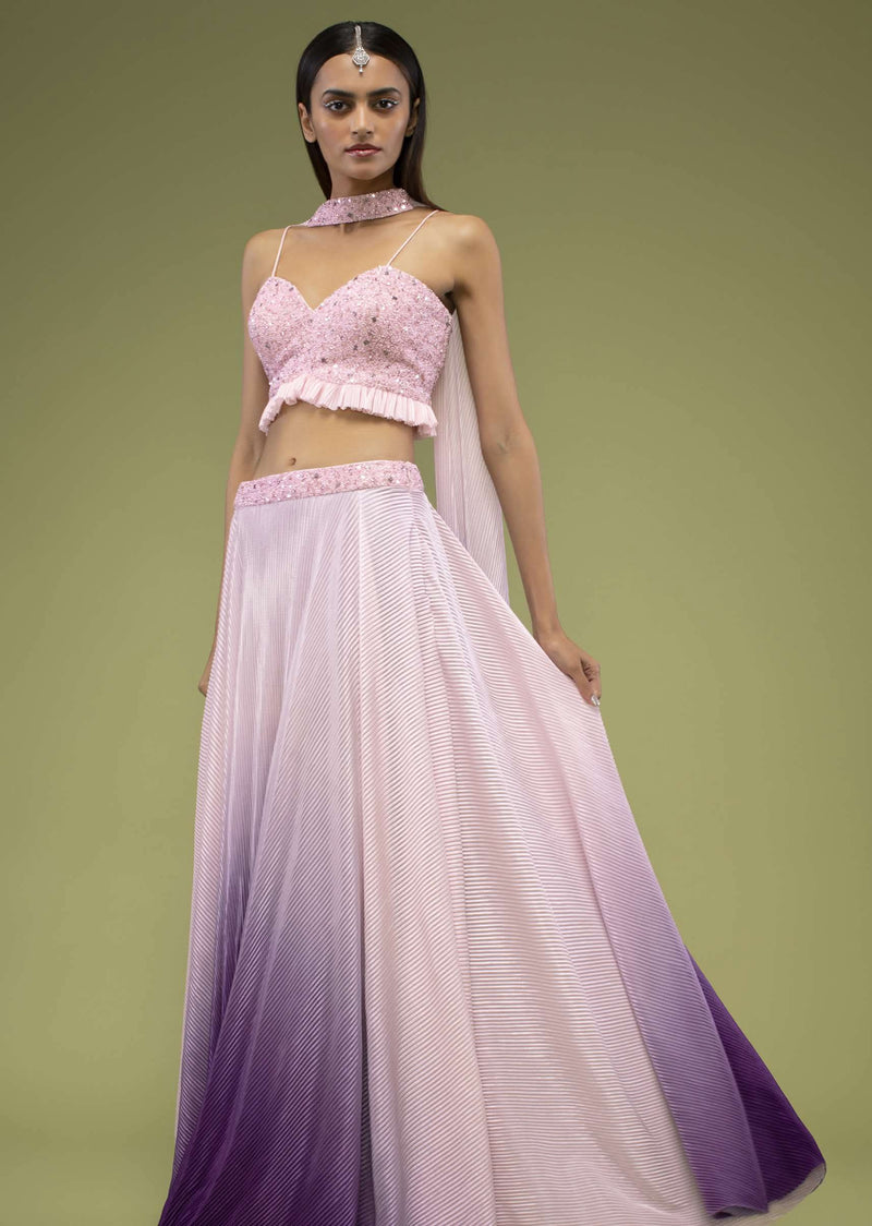Lavender Ombre Skirt And Crop Top Set In The Crush, Paired With The Spaghetti Straps With A Sweet Heart Neckline