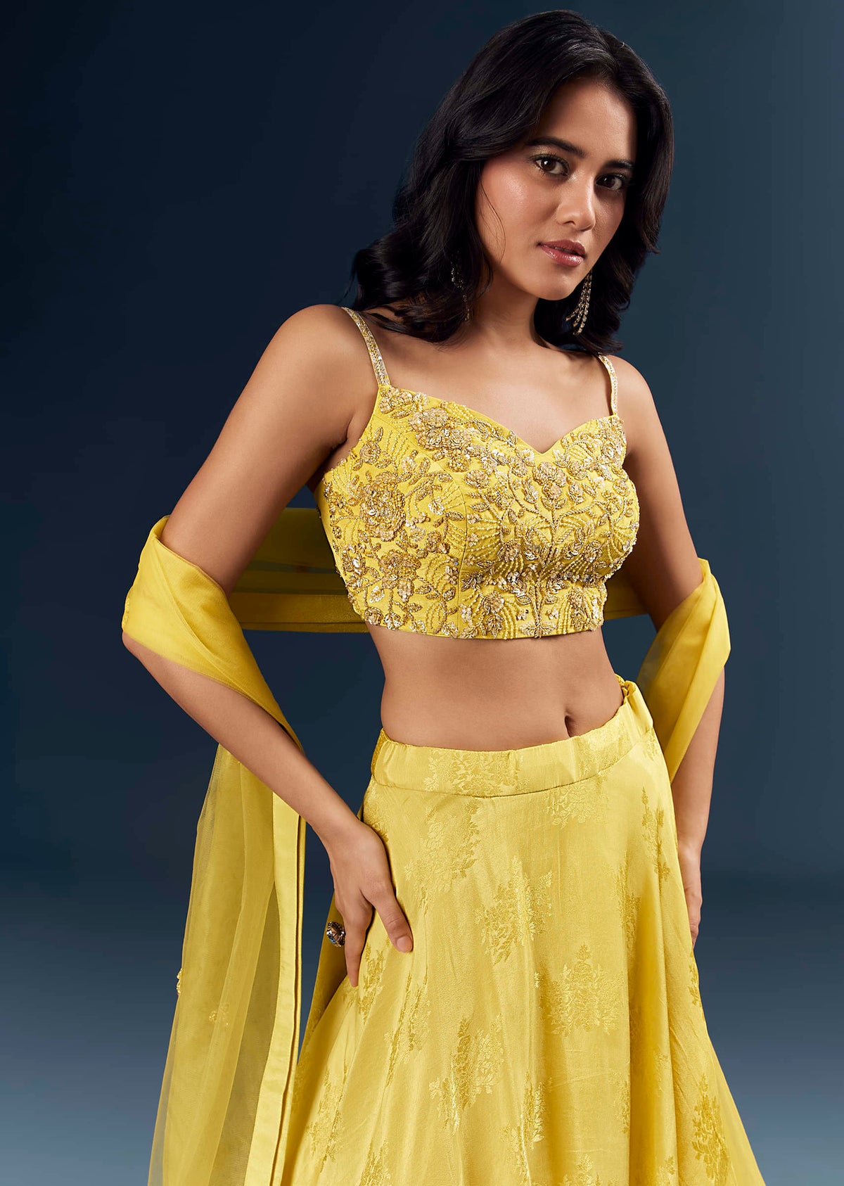 Lemon Yellow Banarasi Silk Bridesmaid Lehenga With Heavy Hand Embroidery