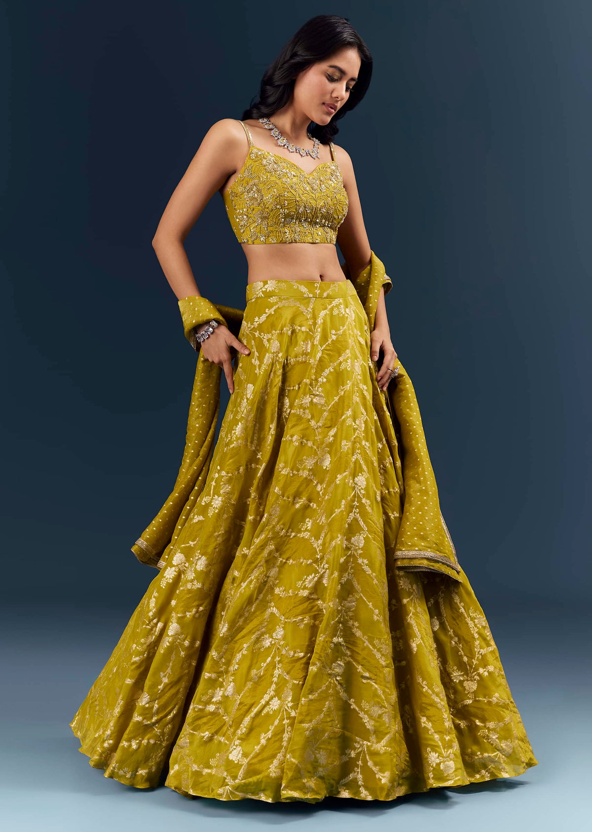 Lemon Yellow Banarasi Silk Bridesmaid Lehenga With Intricate Hand Embroidery