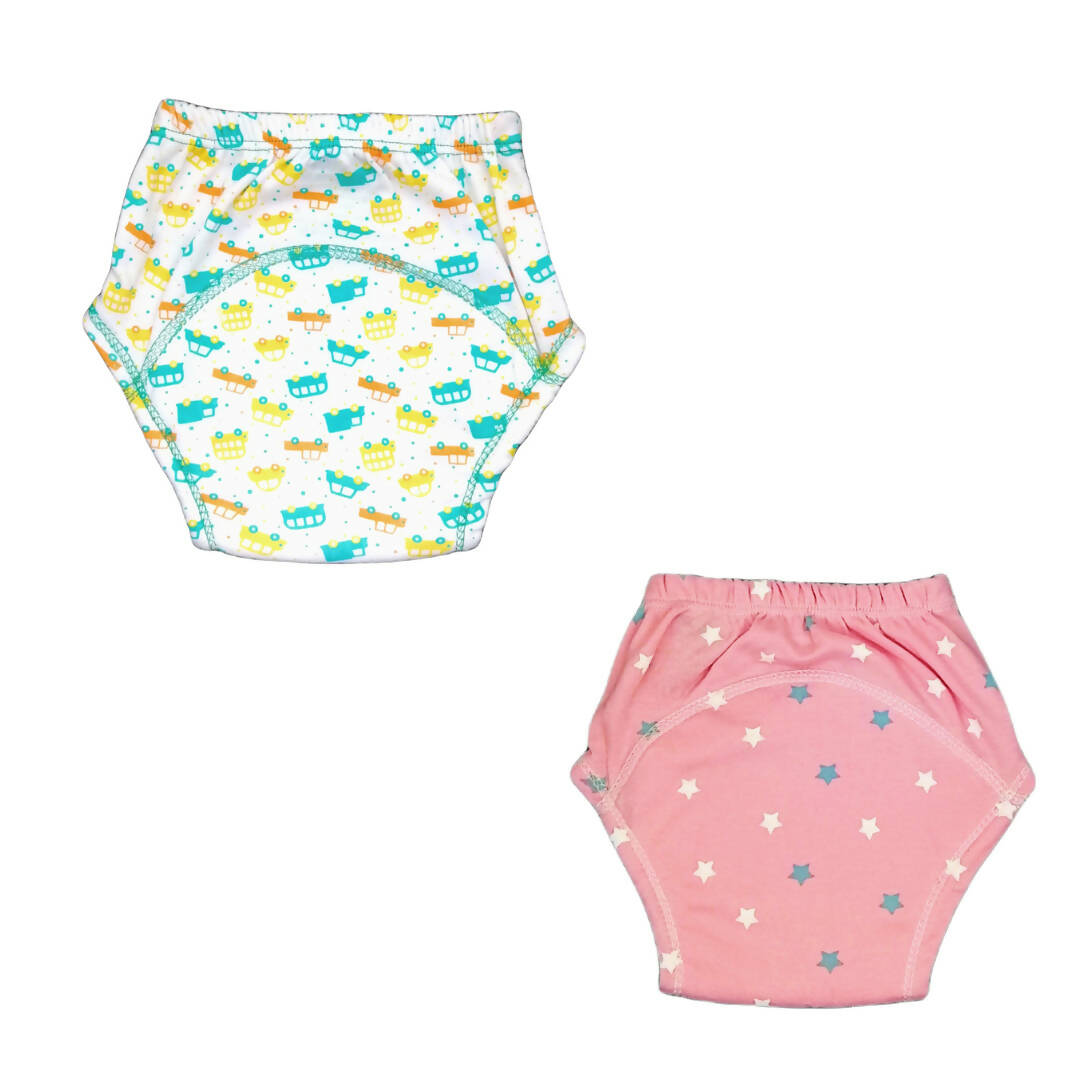 Kindermum Cotton Padded Pull Up Training Pants/Padded Underwear For Kids Peachy Star & Green Car-Set of 2 pcs