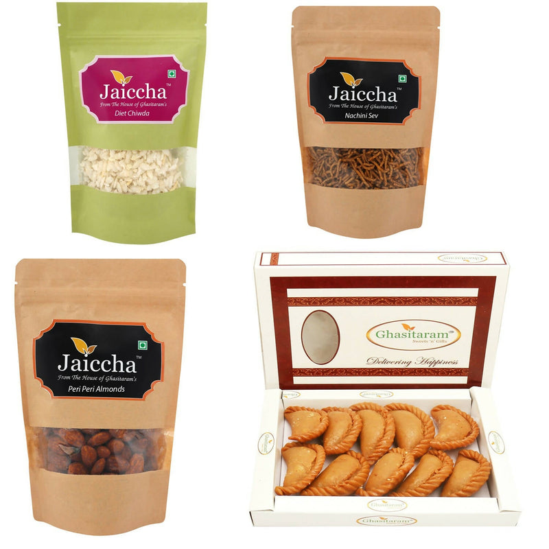 Ghasitaram Holi Sweets Hamper Best of 4- Sugarfree Gujiya, Chiwda, Flavoured Almonds, Nachini Sev Pouches