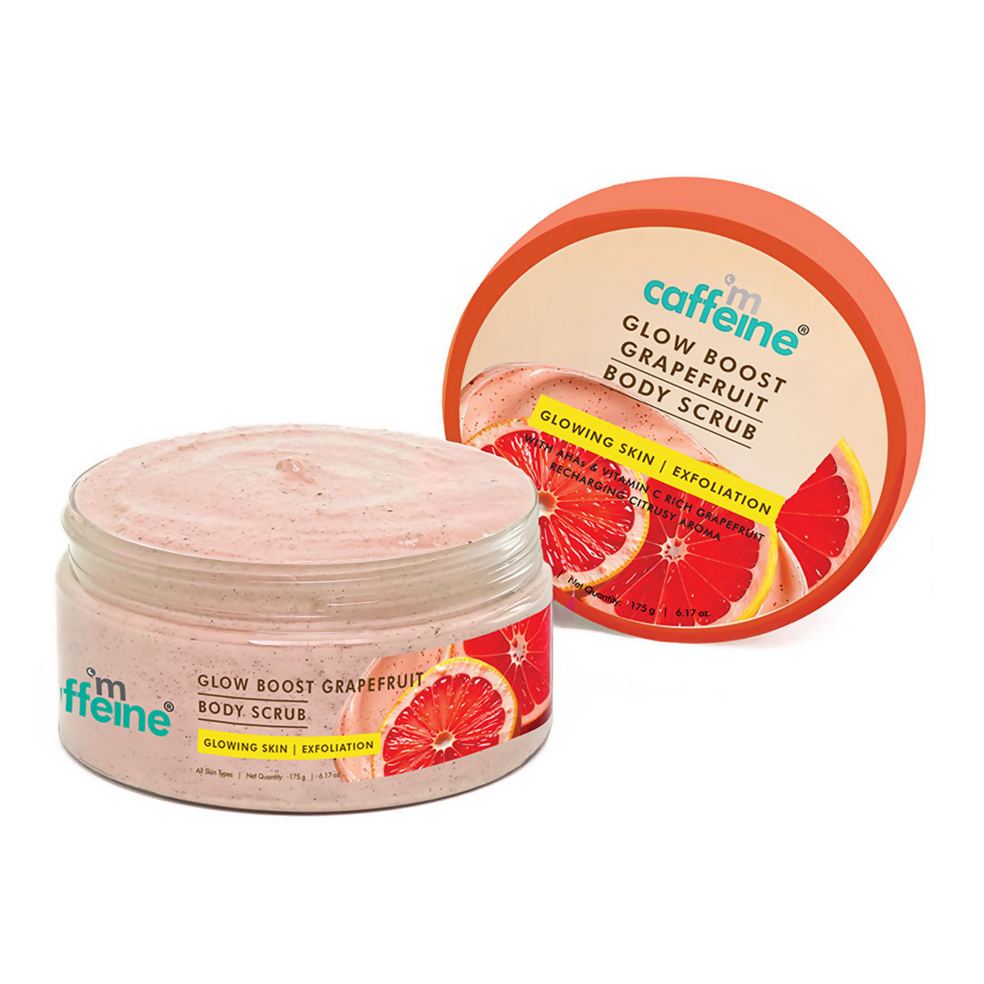 Two jars of mfeine Glow Boost Grapefruit Body Scrub on a white background