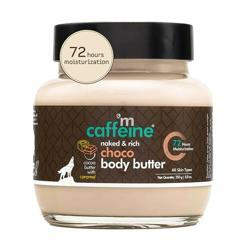 Jar of 'm caffeine choco body butter with caramel on a white background