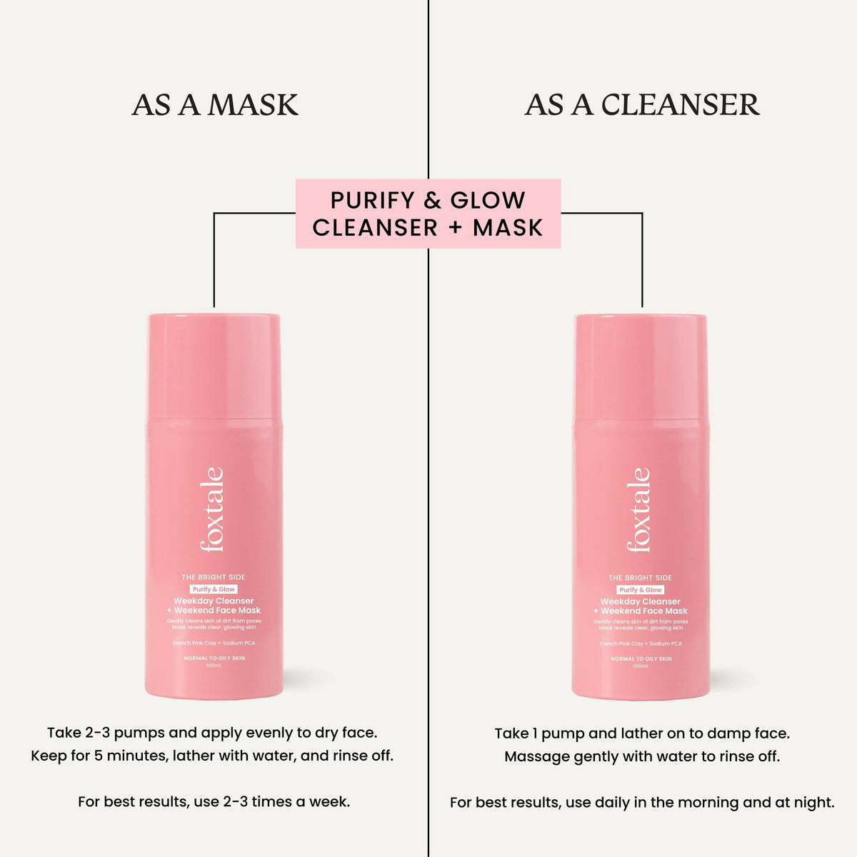 Foxtale Purify & Glow Cleanser + Mask With French Pink Clay & Sodium