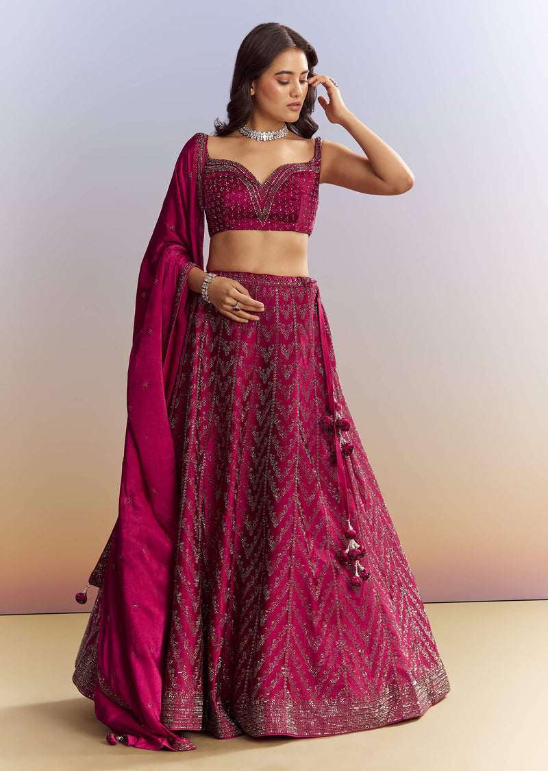 Magenta Pink Satin Bridesmaid Lehenga With Stone Work
