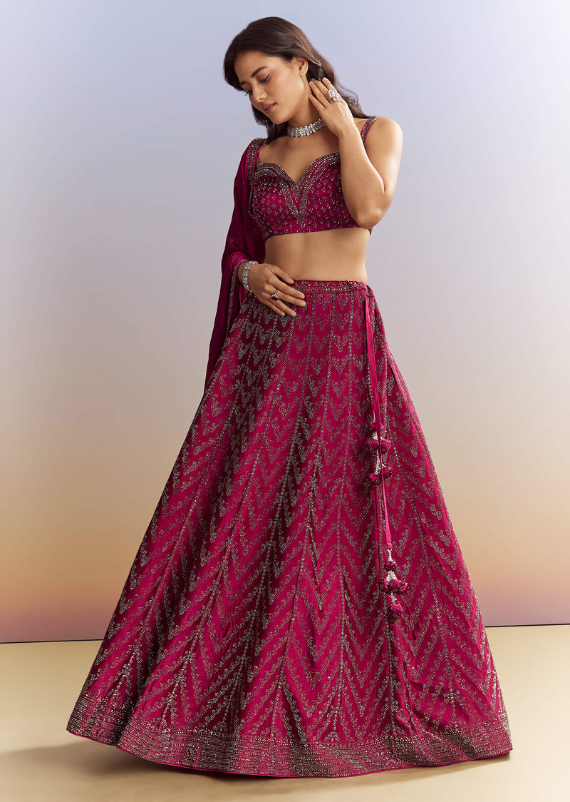 Magenta Pink Satin Bridesmaid Lehenga With Stone Work