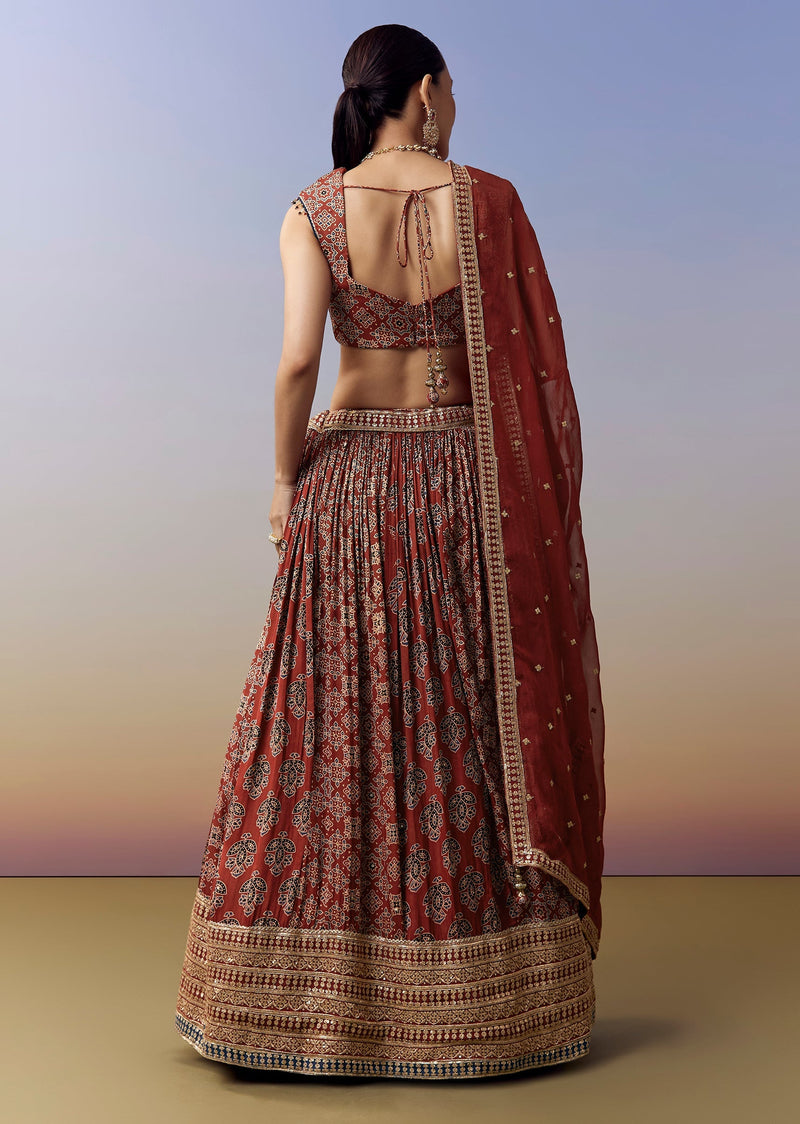 Maroon Lehenga With Ajrakh Print And Mirror Cut Dana Sequins Work
