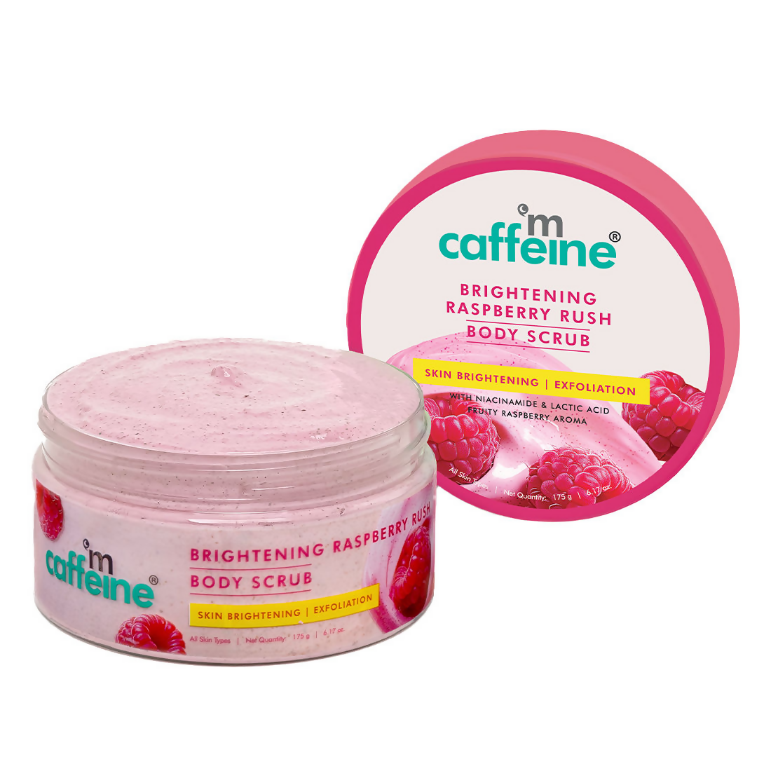 Caffeine Brightening Raspberry Rush Body Scrub with pink packaging on a white background