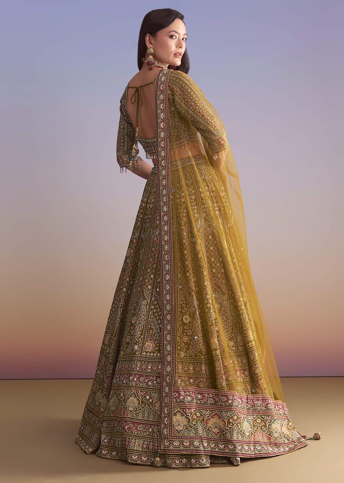 Mehendi Green Crepe Printed Bridesmaid Lehenga With Mirror And Sequin Work