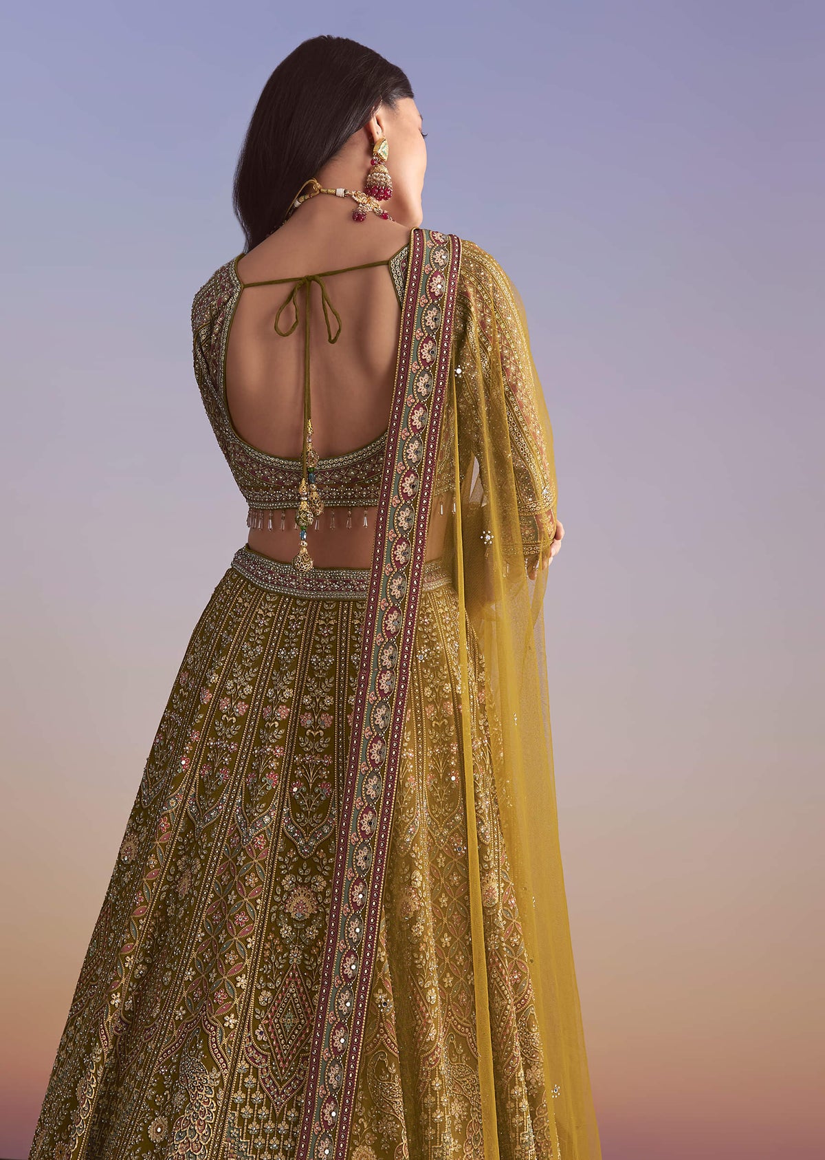 Mehendi Green Crepe Printed Bridesmaid Lehenga With Mirror And Sequin Work