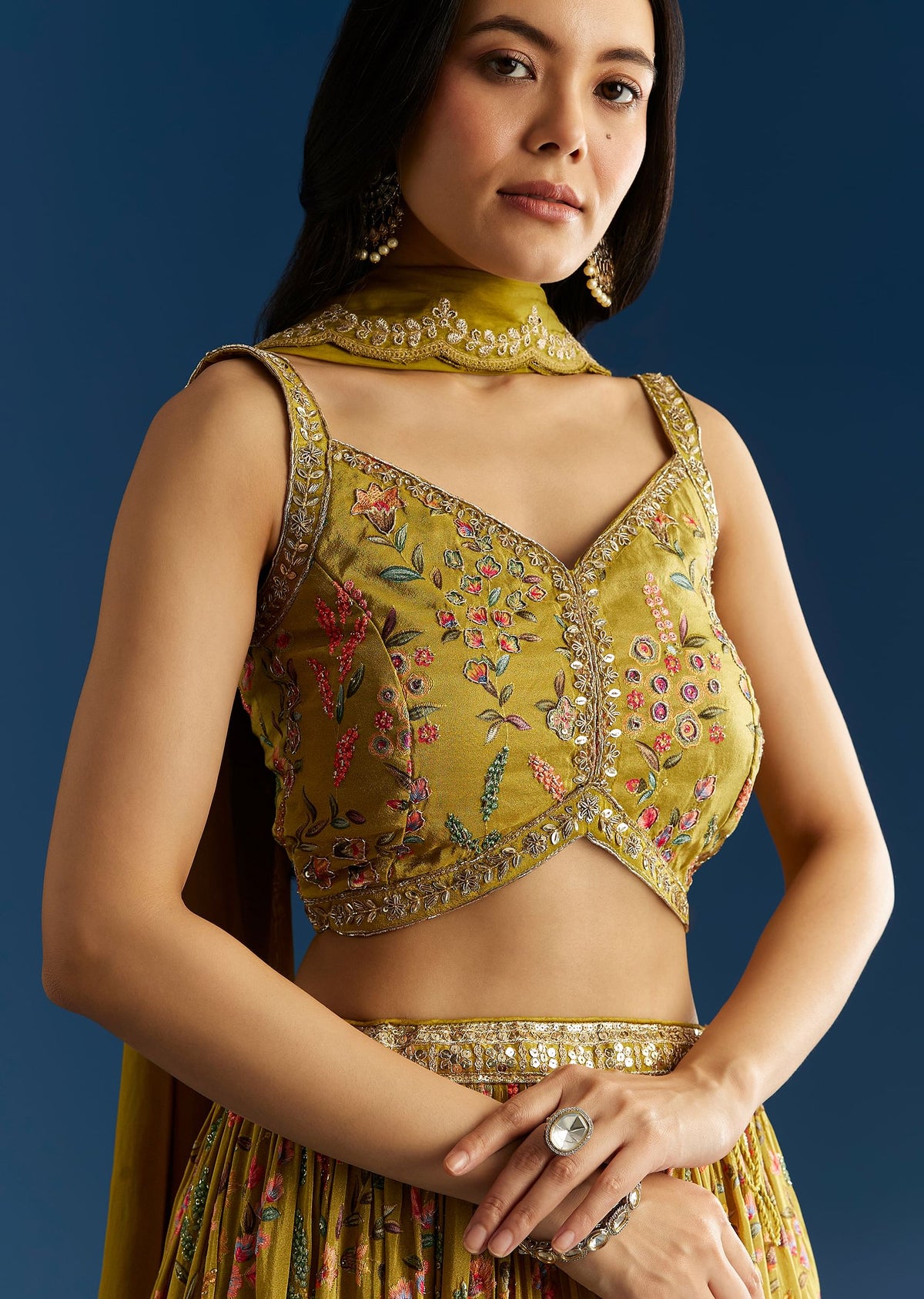 Mehendi Green Tissue Silk Lehenga With Zardosi Sequin Choli And Printed Dupatta