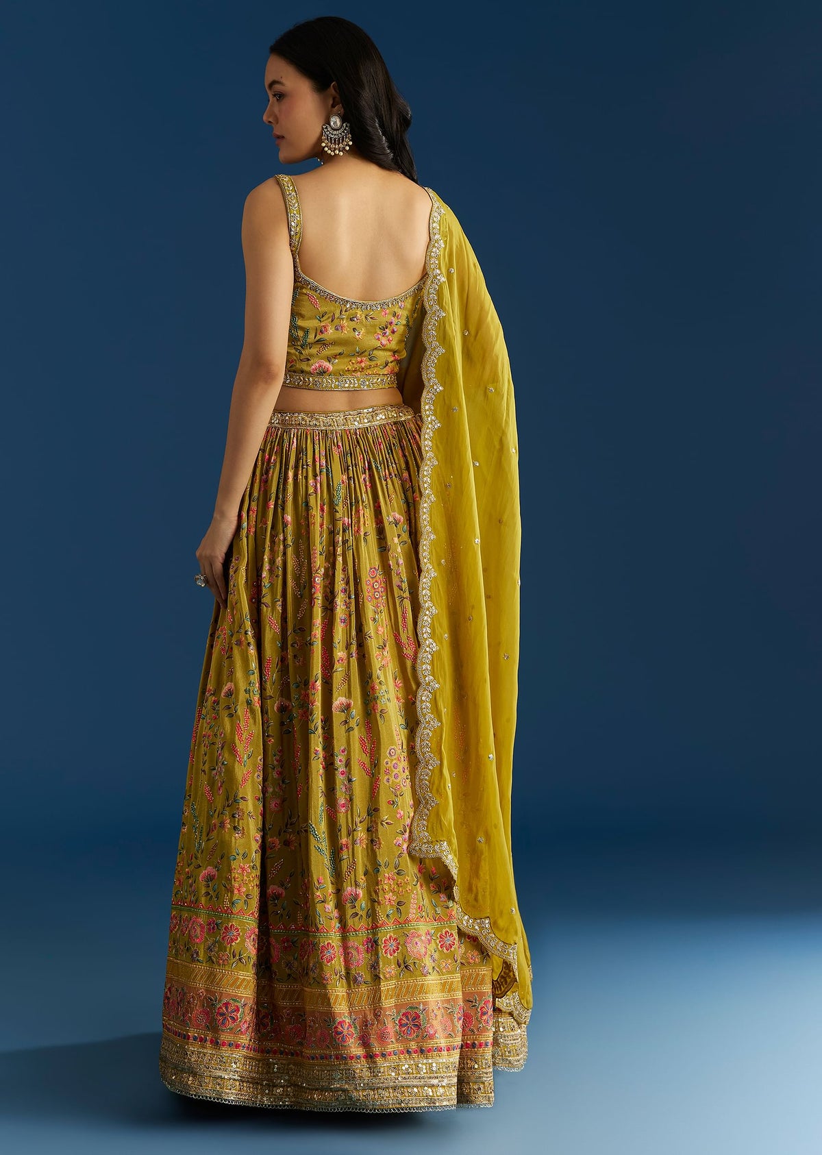 Mehendi Green Tissue Silk Lehenga With Zardosi Sequin Choli And Printed Dupatta