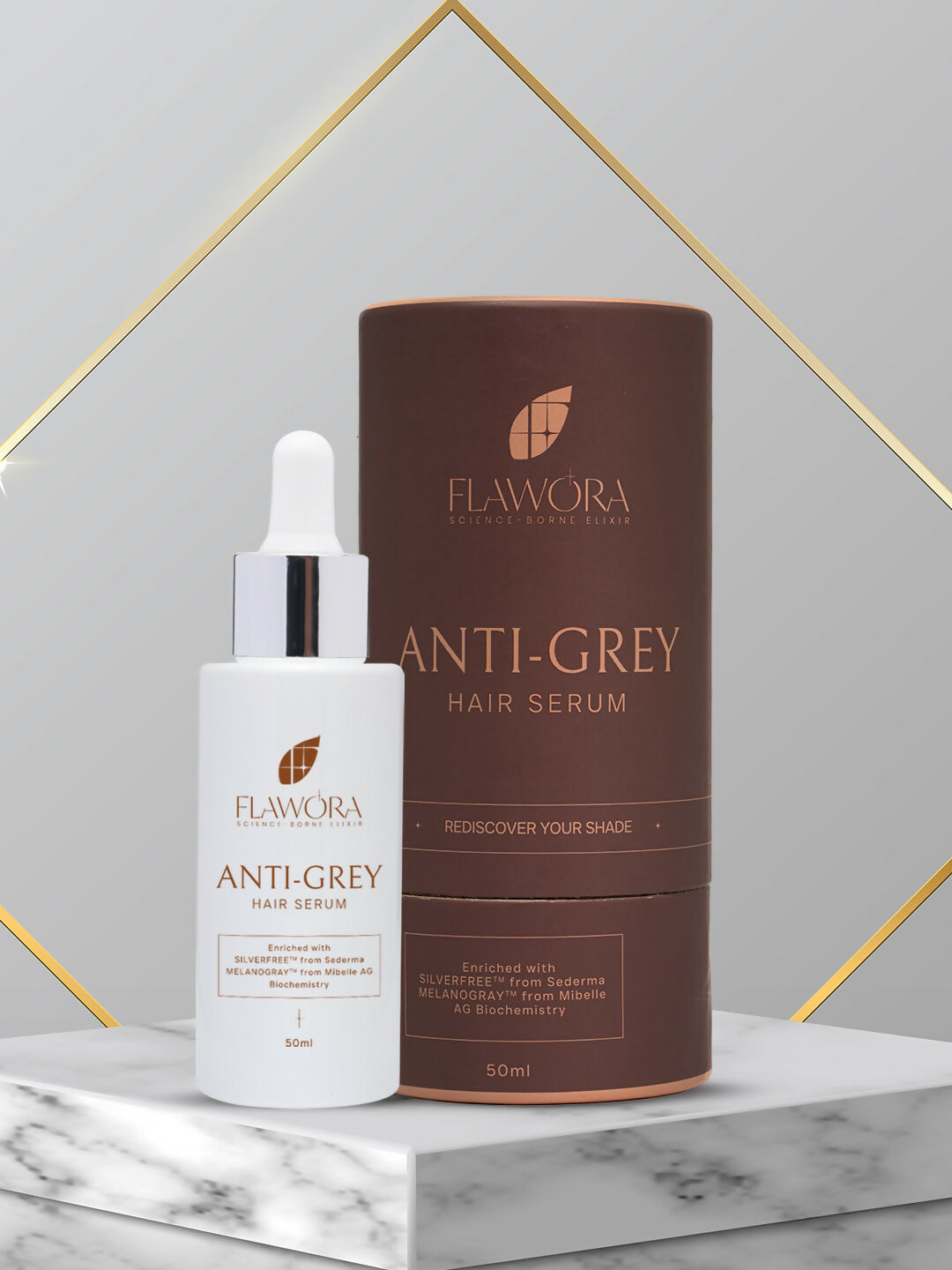 Flawora Anti-Grey Hair Serum For Reversing Grey Hair & Gold Face Serum For Brightening, Anti-Aging