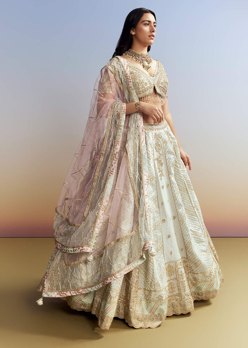 Mint Blue Tissue Embroidered Bridesmaid Lehenga