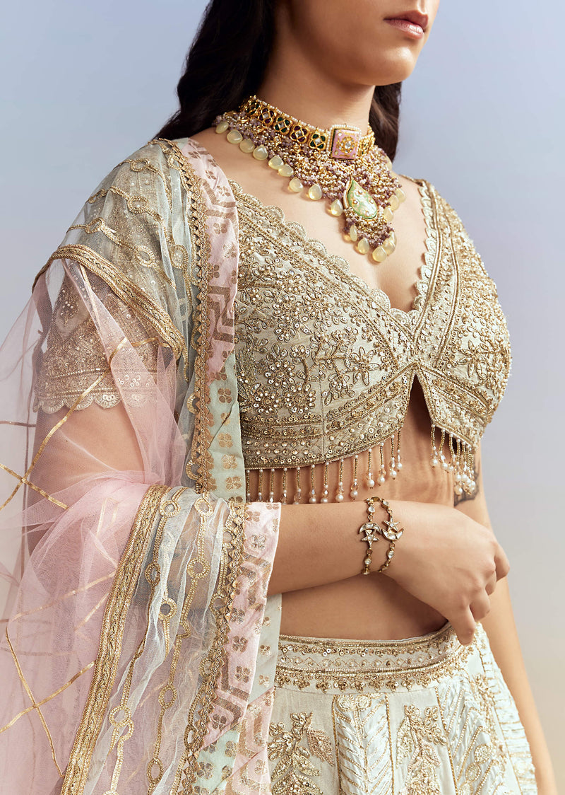 Mint Blue Tissue Embroidered Bridesmaid Lehenga