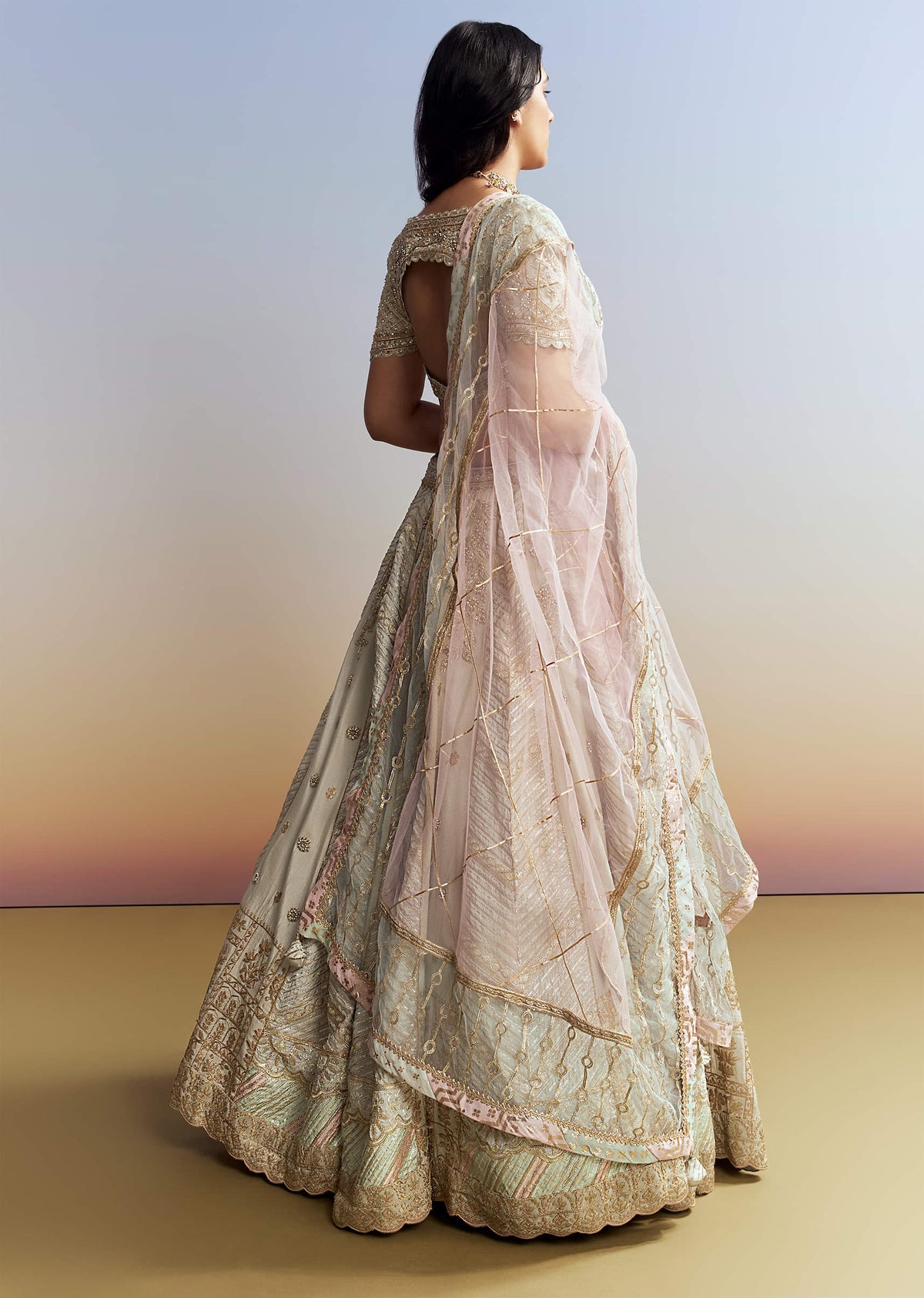 Mint Blue Tissue Embroidered Bridesmaid Lehenga