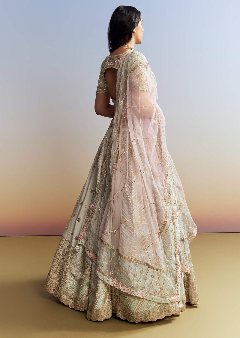 Mint Blue Tissue Embroidered Bridesmaid Lehenga