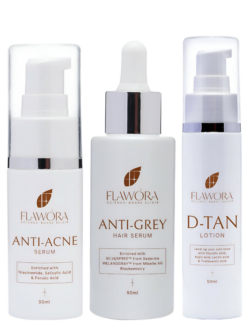 Flawora Anti-Grey Hair Serum, Anti Acne Serum and D-Tan Lotion Combo