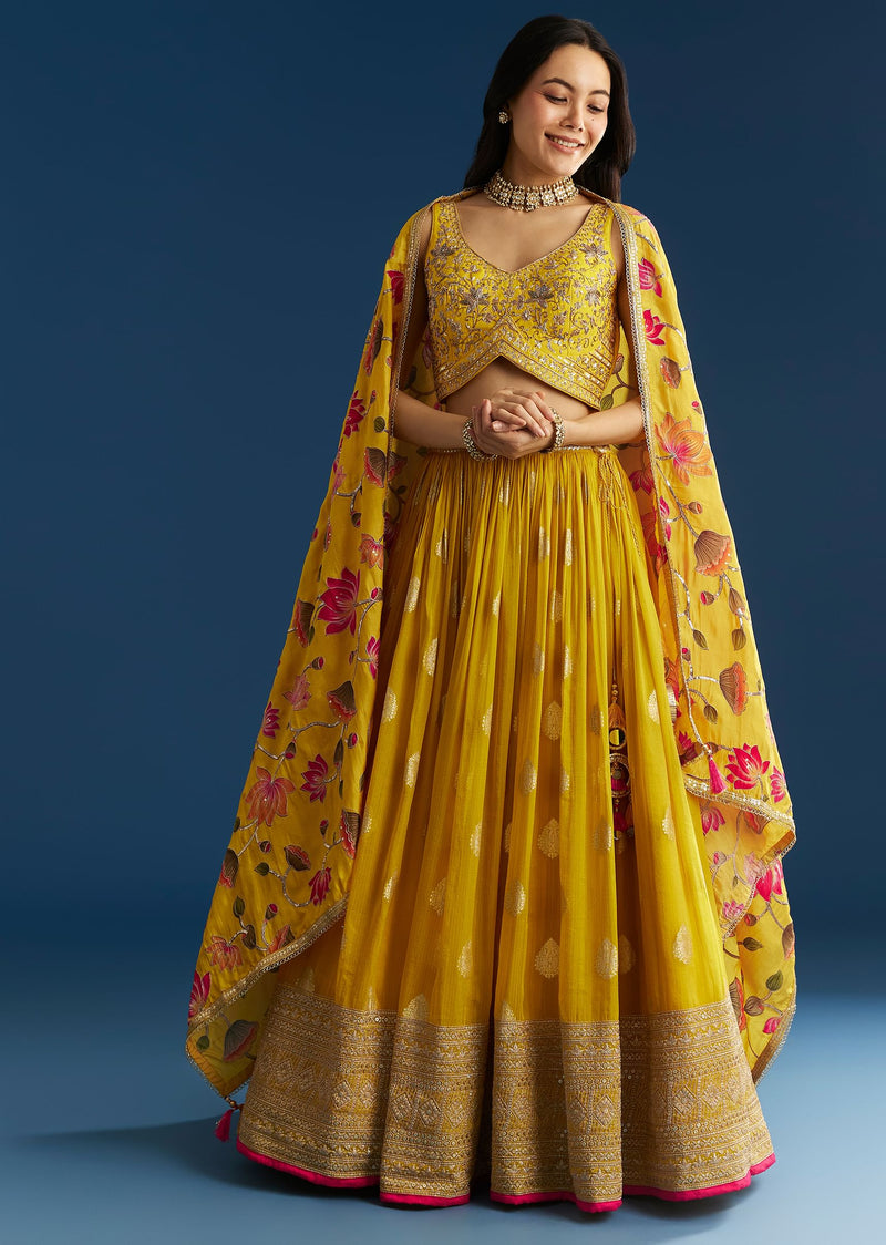 Mustard Yellow Lehenga Set With Zardosi Sequins Choli And Printed Dupatta