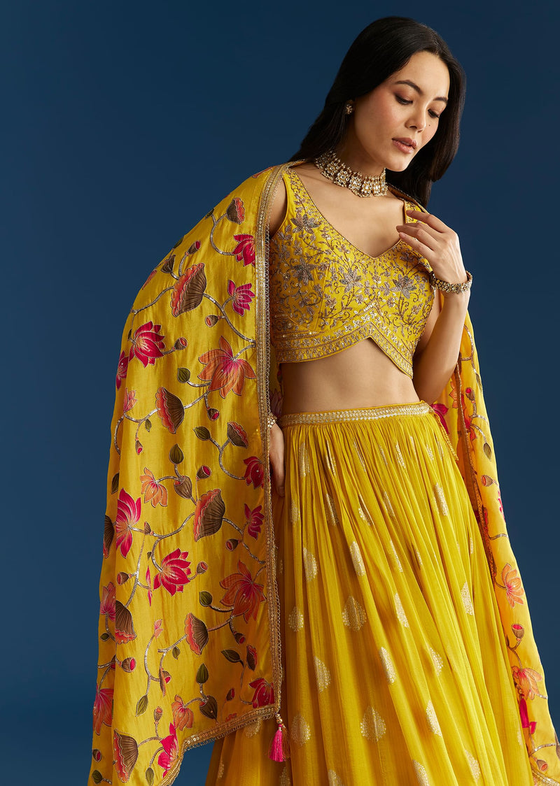 Mustard Yellow Lehenga Set With Zardosi Sequins Choli And Printed Dupatta