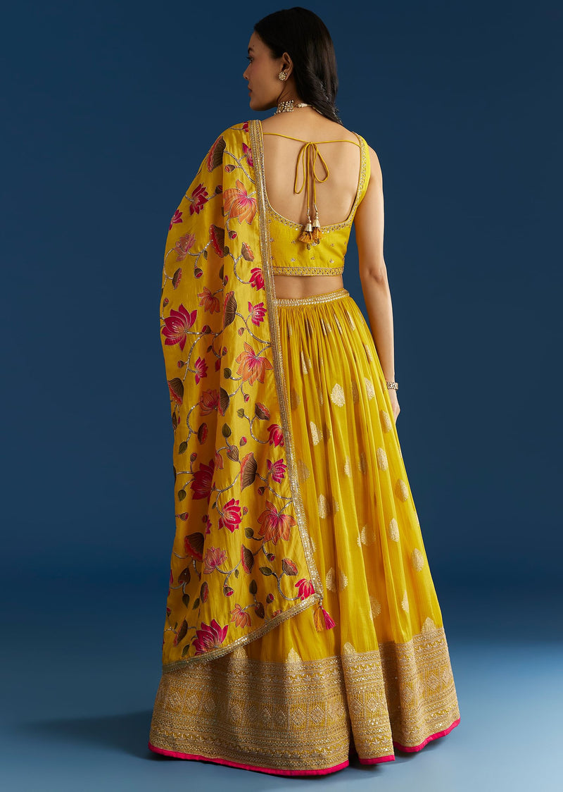 Mustard Yellow Lehenga Set With Zardosi Sequins Choli And Printed Dupatta