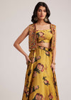 Mustard Silk Floral Skirt Set With Jacket And Mirror Work