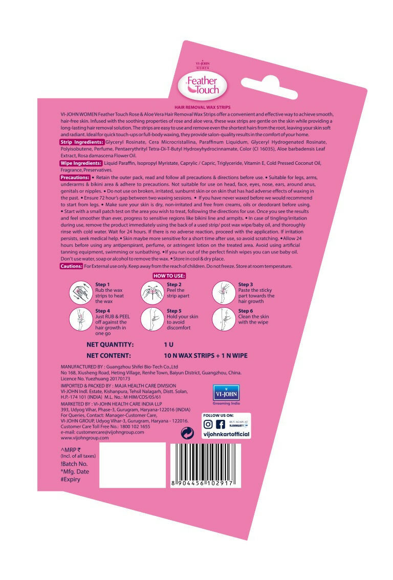 VI-JOHN Feather Touch Rose & Alevera Hair Removal Wax Strips for Normal Skin Praraben & Sulphate Free
