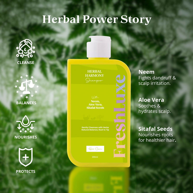 FreshLuxe Herbal Harmony Shampoo Anti-Dandruff Hair Cleanser with Aloe Vera, Neem & Sitafal