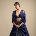 Navy Blue Lehenga In Satin Blend Embellished With Kundan Work In Striped Design