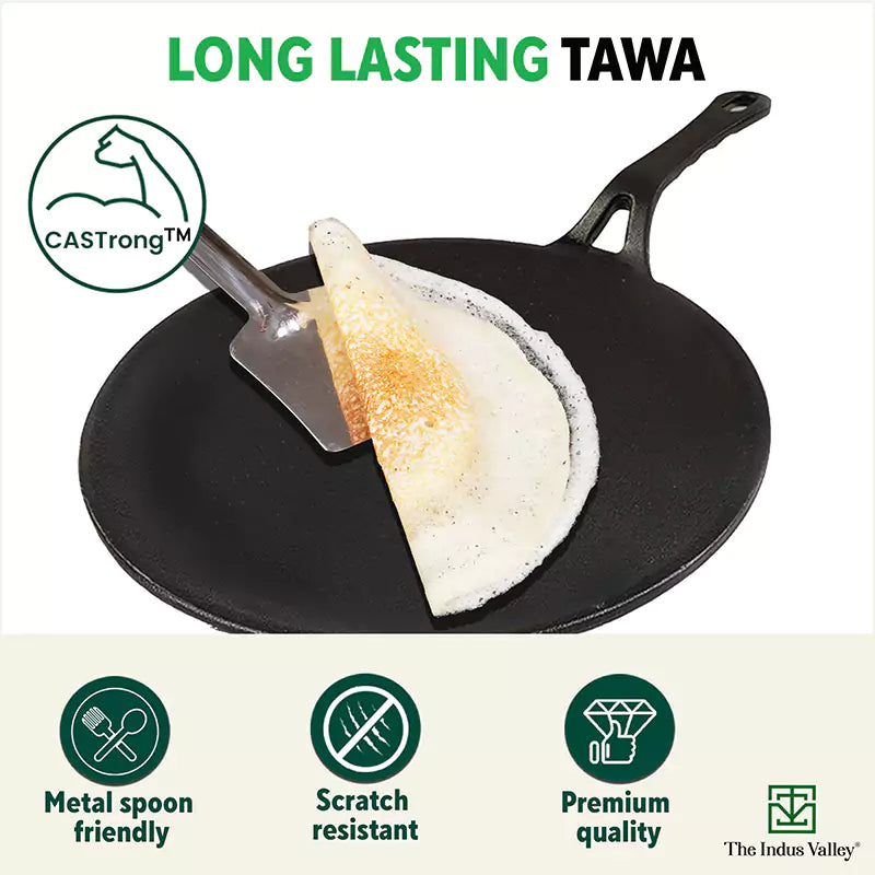 The Indus Valley CASTrong Cast Iron Concave Tawa, Pre-seasoned, Nonstick, 100% Pure, Toxin-free, Spatula, 25.4cm, 1.9kg