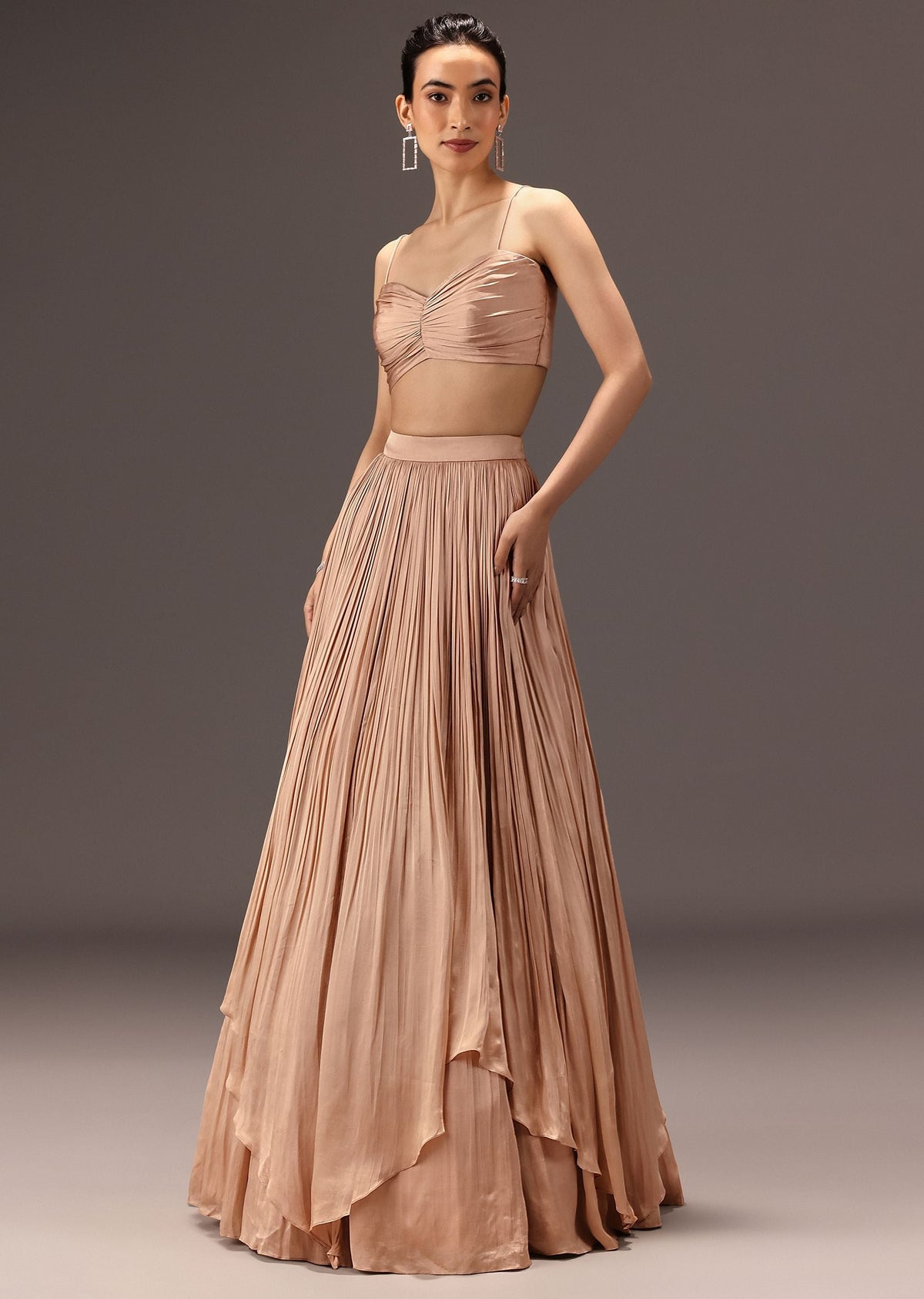Nude Ruched Blouse With Cape And Layered Skirt