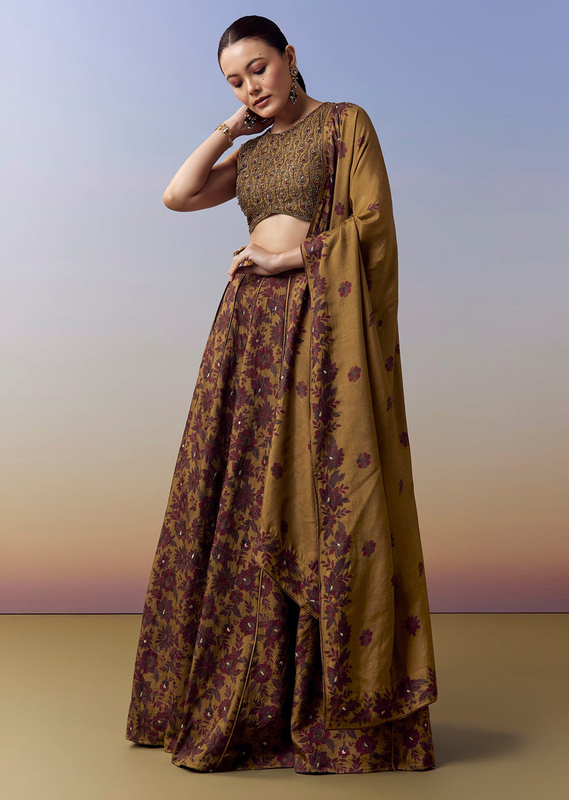 Ochre Yellow Bridesmaid Lehenga With Floral Print And Cut Dana Beads Work