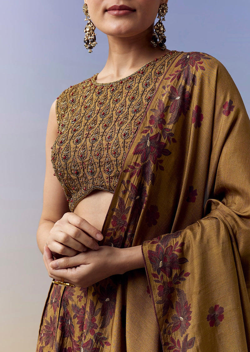 Ochre Yellow Bridesmaid Lehenga With Floral Print And Cut Dana Beads Work