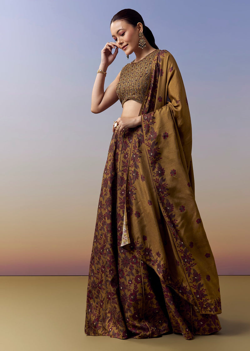 Ochre Yellow Bridesmaid Lehenga With Floral Print And Cut Dana Beads Work