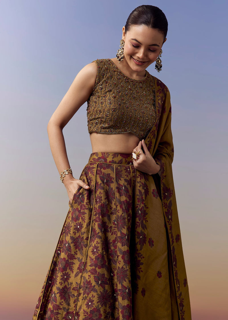 Ochre Yellow Bridesmaid Lehenga With Floral Print And Cut Dana Beads Work