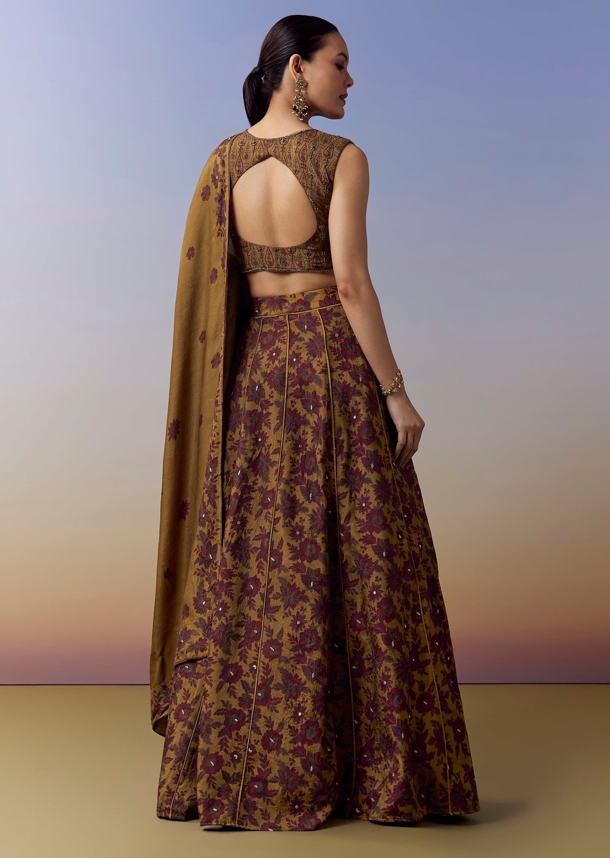 Ochre Yellow Bridesmaid Lehenga With Floral Print And Cut Dana Beads Work