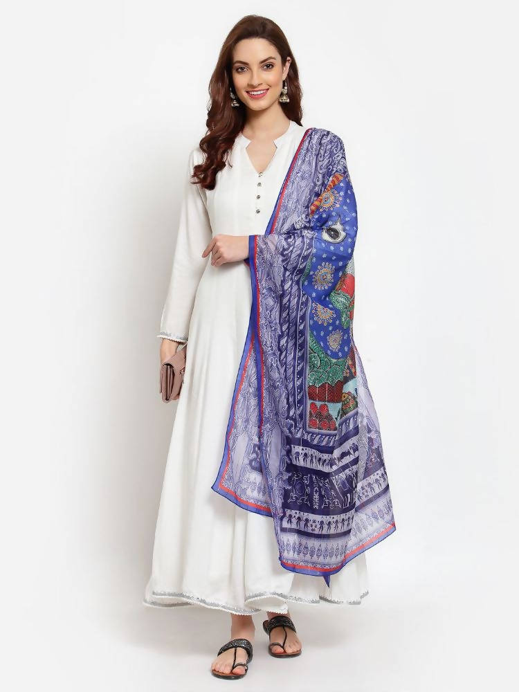 Myshka Women's White Solid Rayon Full Sleeve V Neck Casual Kurta Dupatta Set