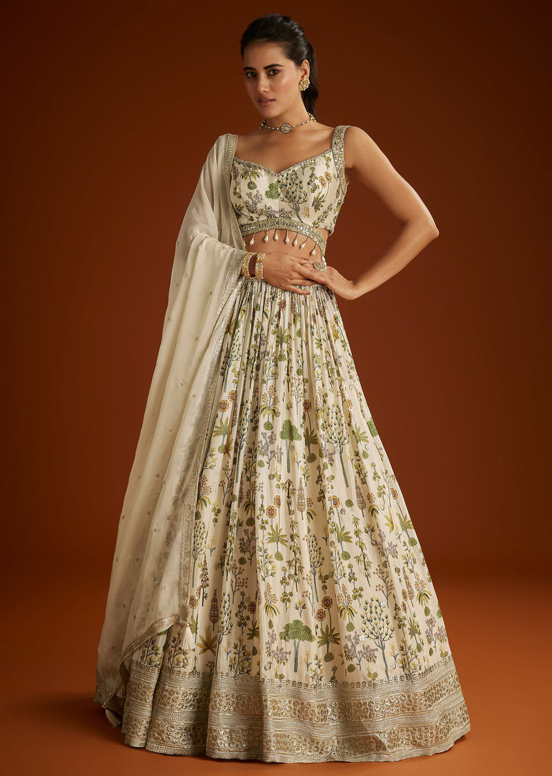 Off White Floral Printed Lehenga Choli With Butti Work Dupatta