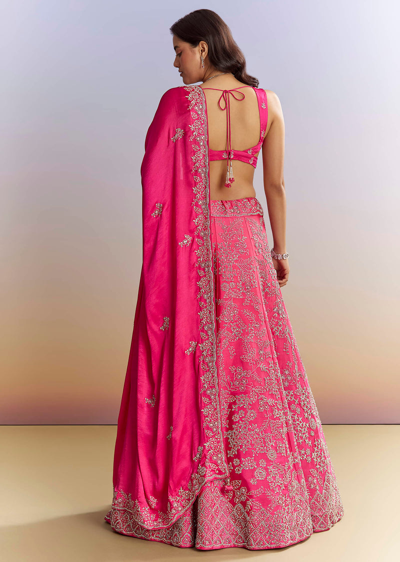 Ombre Pink Satin Bridesmaid Lehenga With Heavy Embroidery