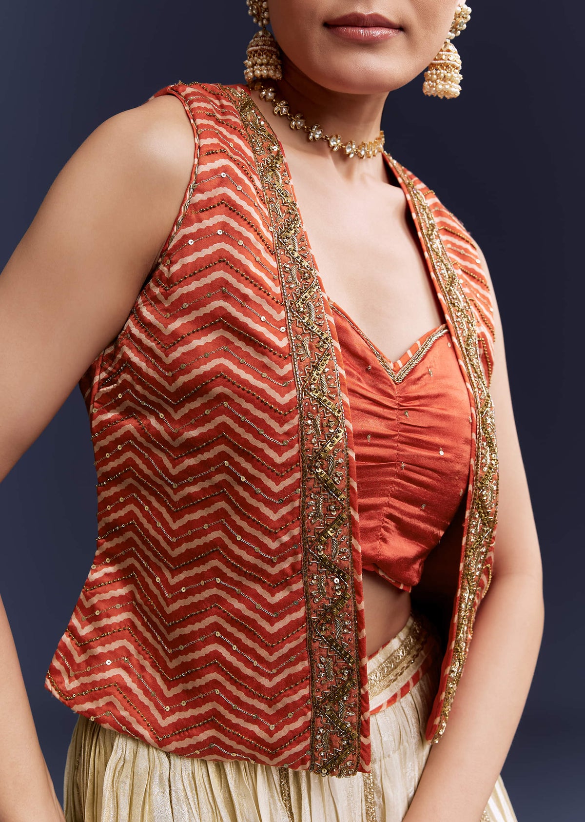 Orange Satin Festive Lehenga With Hand Dyed Chevron Print Jacket