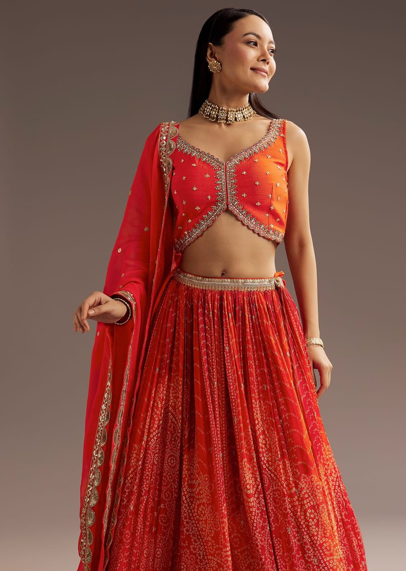 Orange Sequins Bandhani Lehenga Dupatta Set